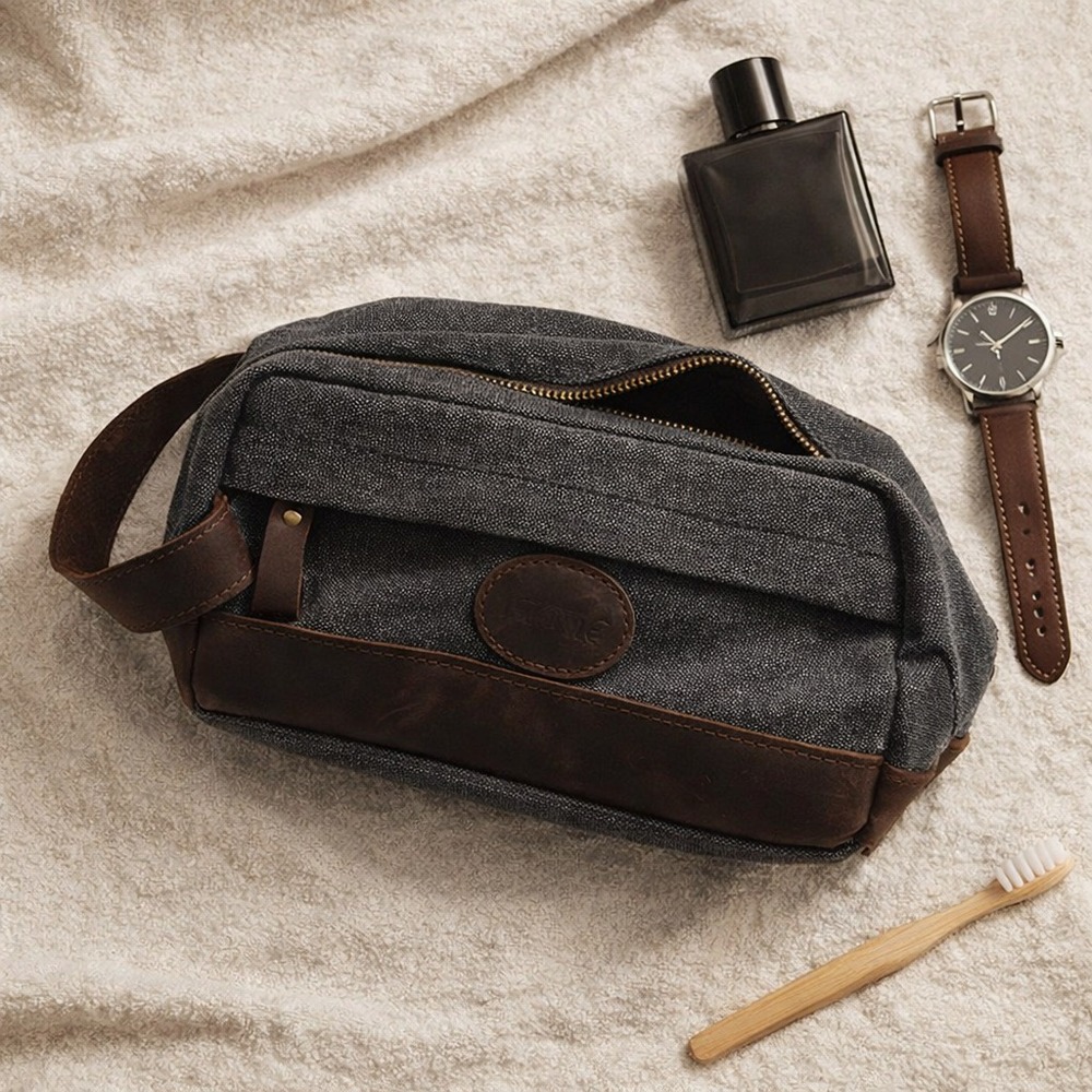 S-Zone Canvas Leather Toiletry Bag Travel Dopp Kit‎ Gray Brown NWT Unisex